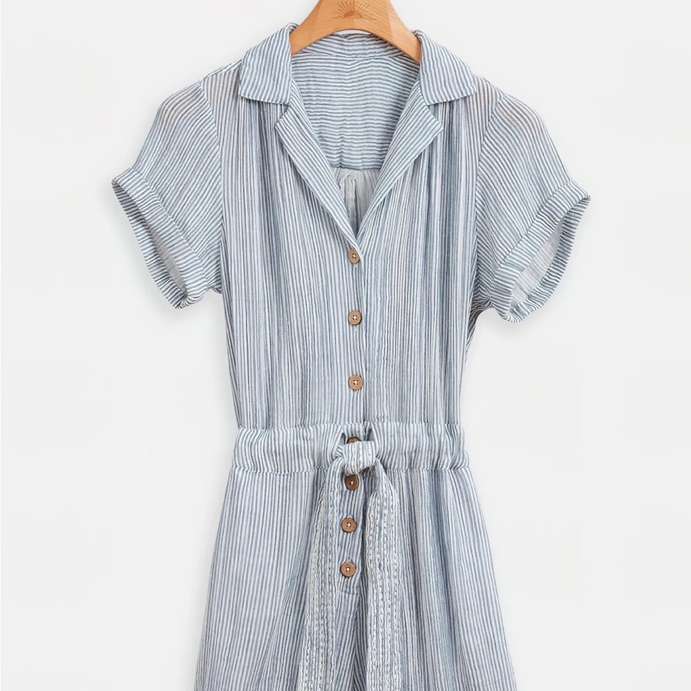 Faherty Izzy Striped Cotton Double Gauze Button-Up Romper in Sailing Stripe | M